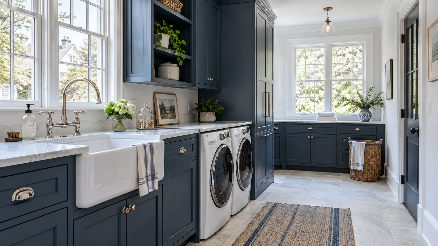 Bright New England laundry and utility room with navy cabinetry and a white utility sink