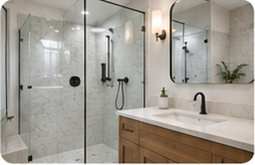 Bathroom plumbing with glass shower, vanity and black fixtures