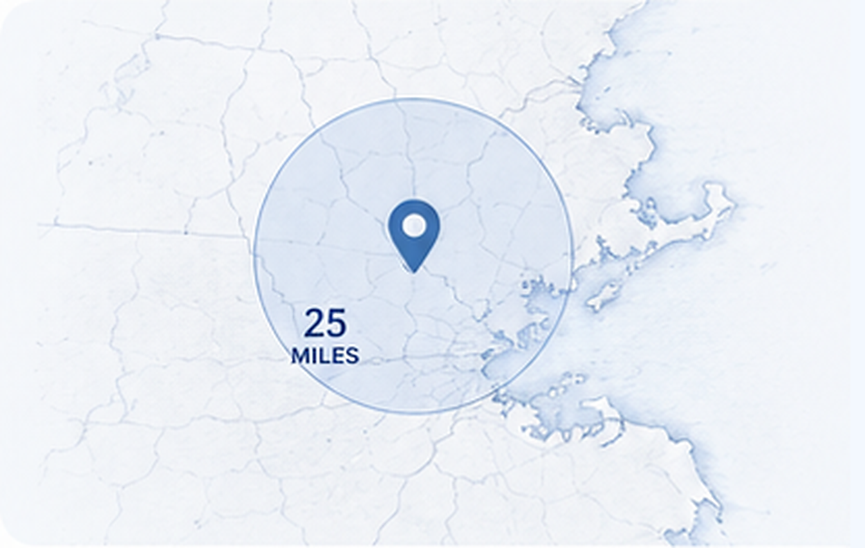 Map illustrating the 25-mile service area around Melrose, Massachusetts